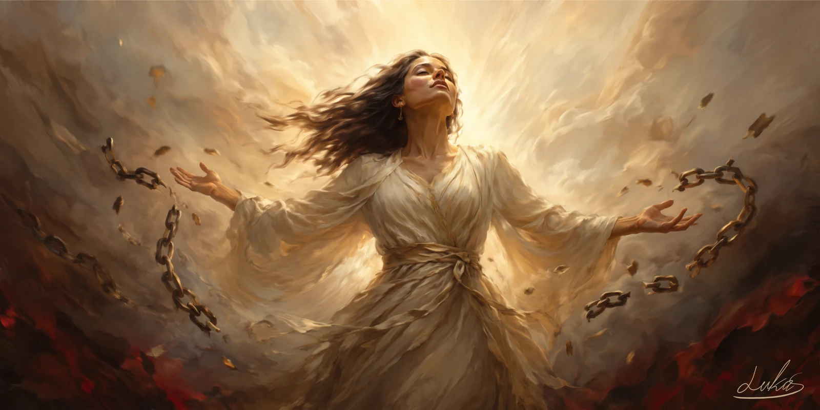 A woman who finallz manages to break the chains that were holding her down.